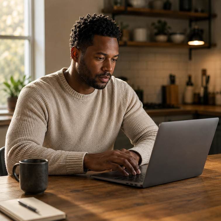 A person working at a table by a window, laptop open