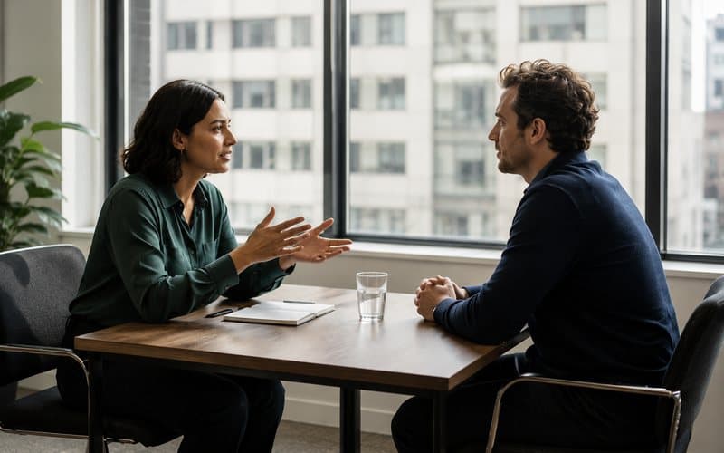 Two people in conversation across a table