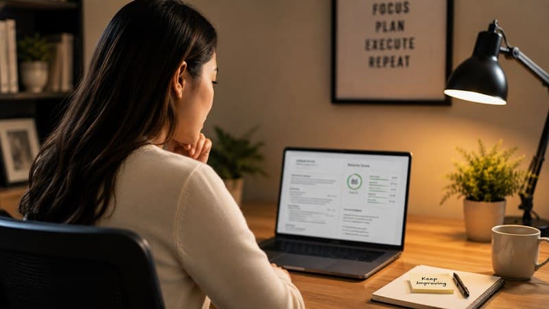 A person reviewing a match score on a laptop